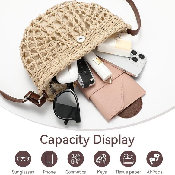 Lightweight Woven Straw Bag with Leather Strap - Ideal for Summer Travel - Picture 4 of 6